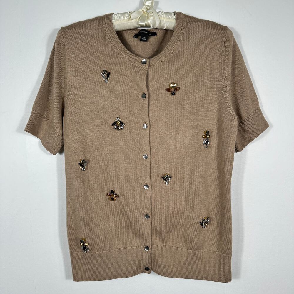 Ann Taylor Taupe Jeweled Button Front Short Sleeve Knit Cardigan Small